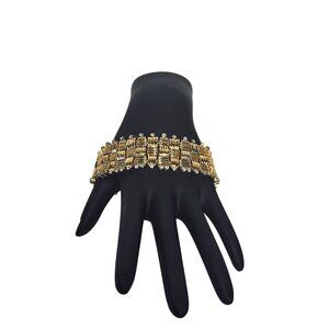 Gold Tone And Clear Rhinestone Basket Weave Stretch Bracelet (6235)